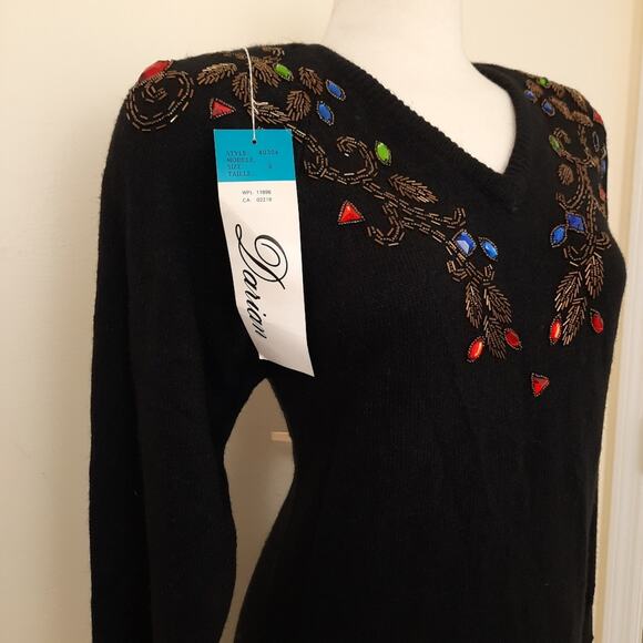 NWT VTG  Long Sleeve Short Sweater Dress Sz Small Black Beaded Rhinestone Detail - Picture 4 of 11